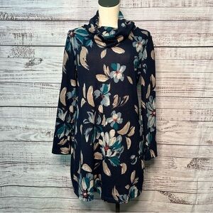 Windhorse Floral Tunic Long Sleeve Cowl Neck Dress Large Navy Blue